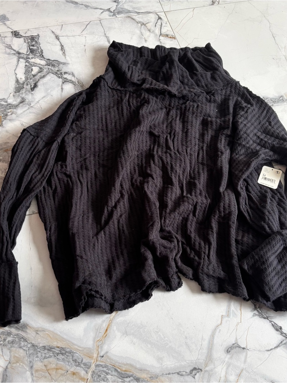 Free People Black Textured Lightweight Turtleneck Top